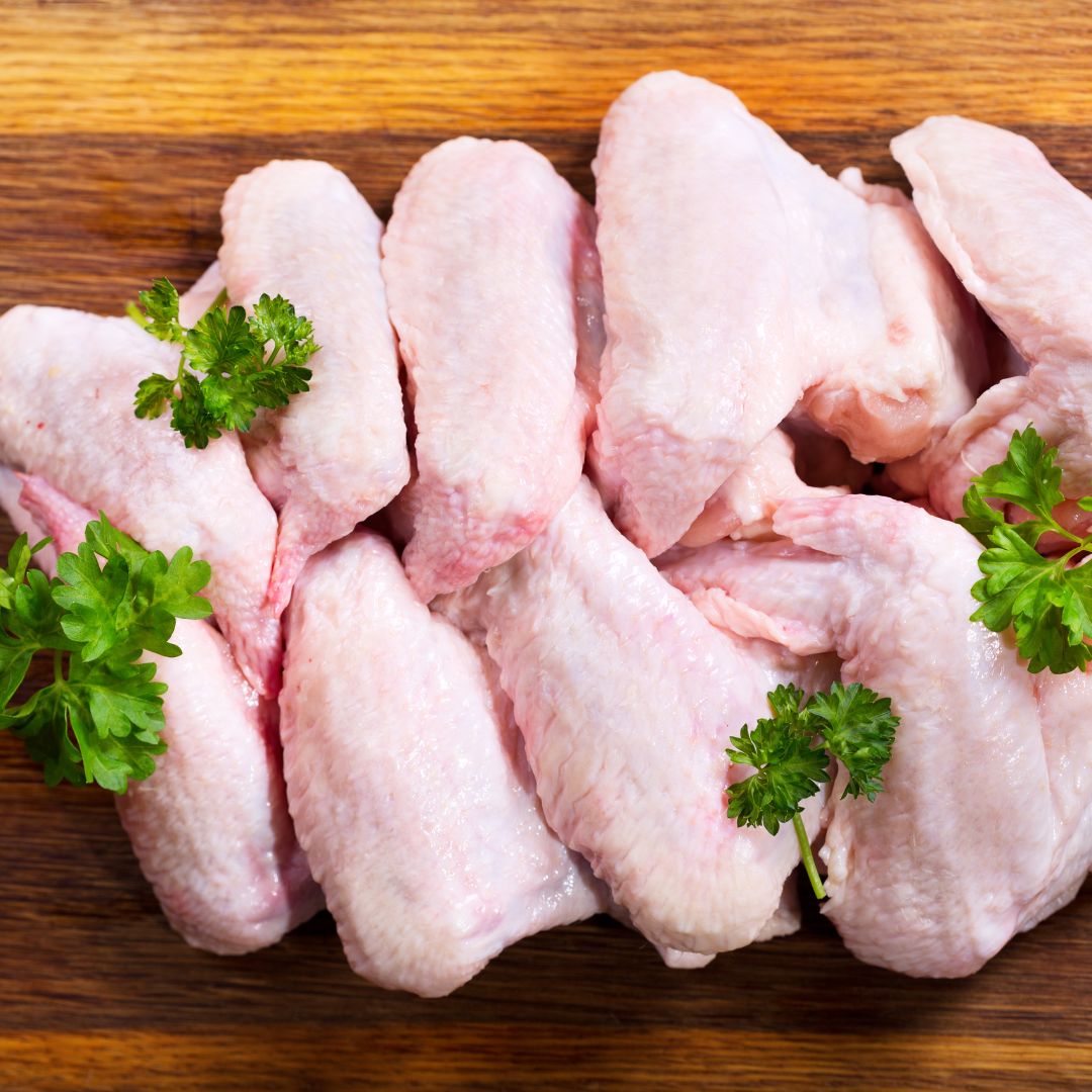 Pasture-raised chicken wing pack with 8 whole wing pieces frozen for freshness.